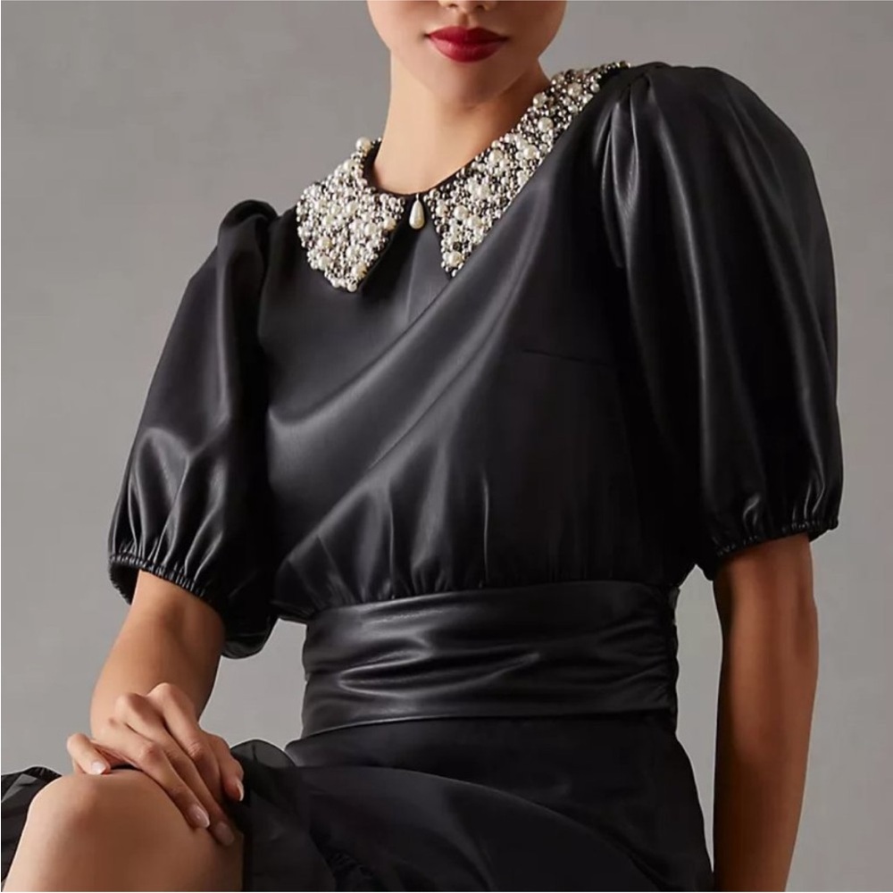 Anthropologie || Faux Leather Puff-Sleeve Blouse Pearls Black Small NWT